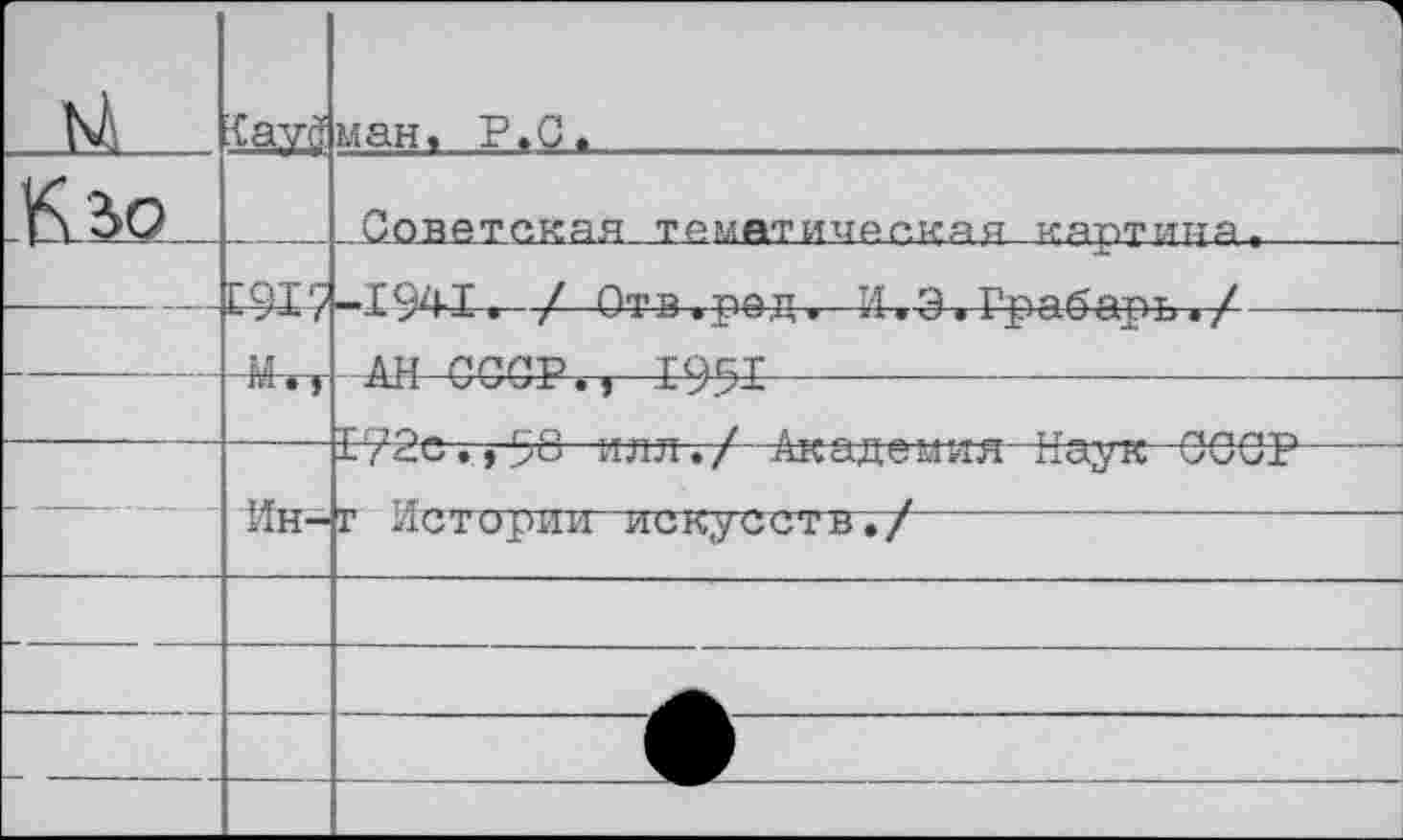 ﻿Mi	Kaycf	ман, Р.С,
	сад Ин-	Советская тймятичаскяя кяртидя,	 -1941. / Отв.рад,-И.Э.Грабарь./	 -АН СССР., 19Я		 172с.,98 илл./ Академия Наук СООР	 г Истории искусств./
—		—
				